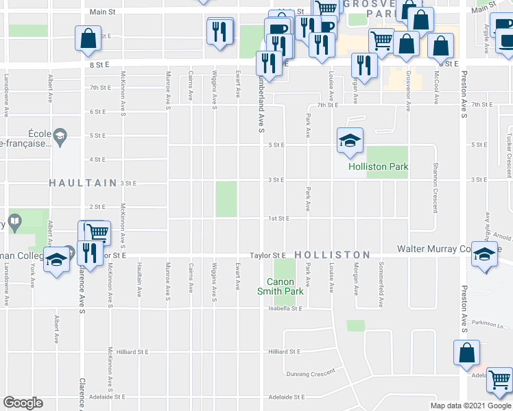map of restaurants, bars, coffee shops, grocery stores, and more near 1622 Cumberland Avenue South in Saskatoon