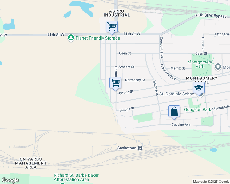 map of restaurants, bars, coffee shops, grocery stores, and more near 1429 Elevator Road in Saskatoon