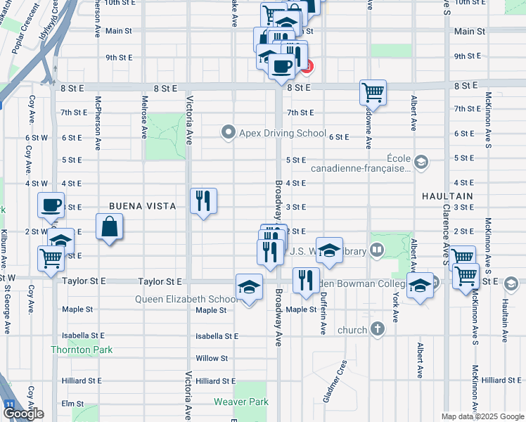 map of restaurants, bars, coffee shops, grocery stores, and more near 530 3 Street East in Saskatoon