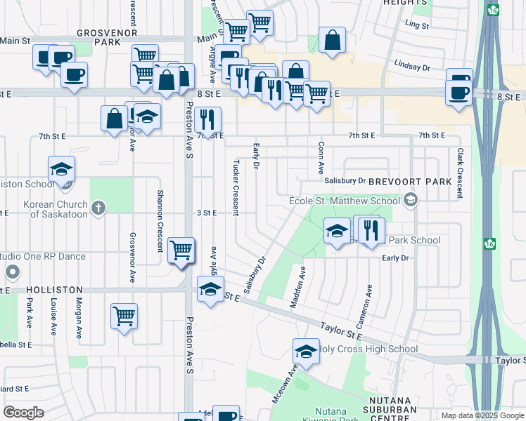 map of restaurants, bars, coffee shops, grocery stores, and more near 1533 Early Drive in Saskatoon