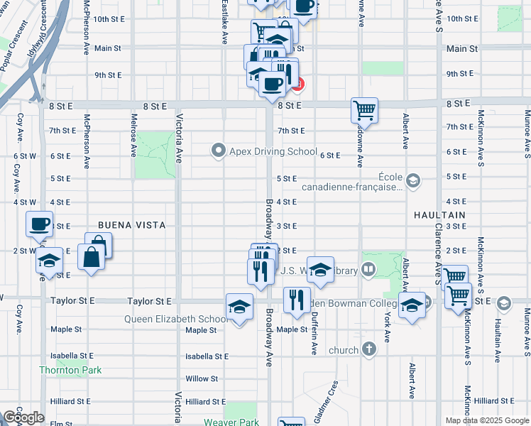 map of restaurants, bars, coffee shops, grocery stores, and more near 530 3 Street East in Saskatoon