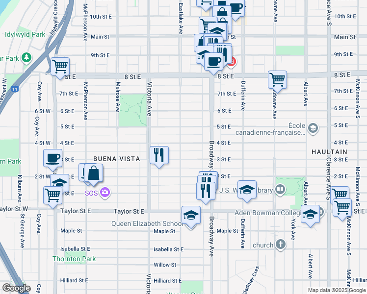 map of restaurants, bars, coffee shops, grocery stores, and more near 502 4 Street East in Saskatoon