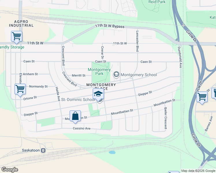 map of restaurants, bars, coffee shops, grocery stores, and more near 3220 Ortona Street in Saskatoon