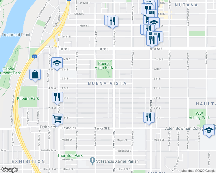 map of restaurants, bars, coffee shops, grocery stores, and more near 329 4 Street East in Saskatoon