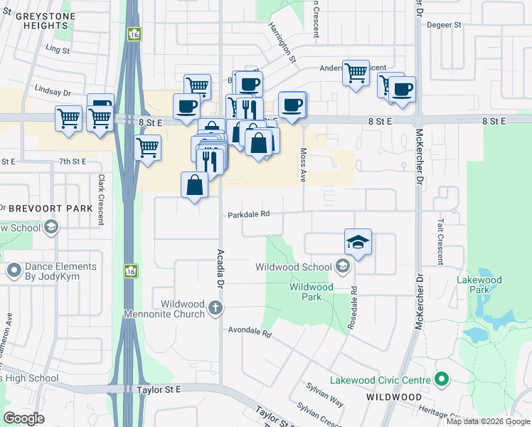 map of restaurants, bars, coffee shops, grocery stores, and more near 239 Leland Court in Saskatoon