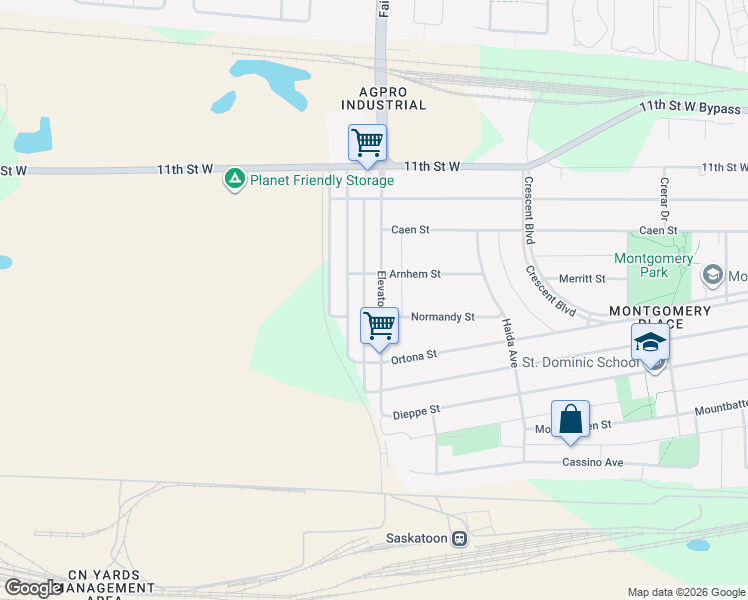 map of restaurants, bars, coffee shops, grocery stores, and more near 1310 Elevator Road in Saskatoon