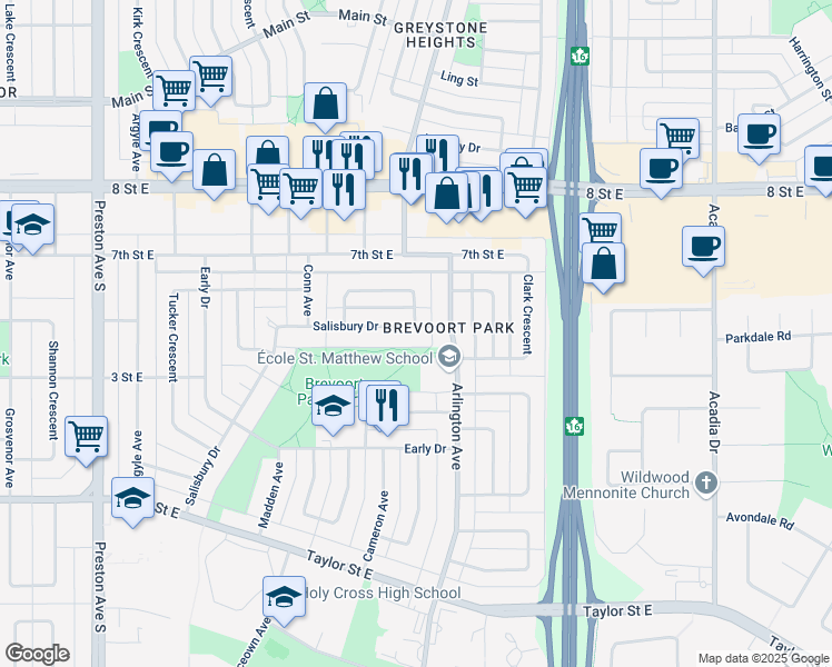 map of restaurants, bars, coffee shops, grocery stores, and more near 181 Salisbury Drive in Saskatoon