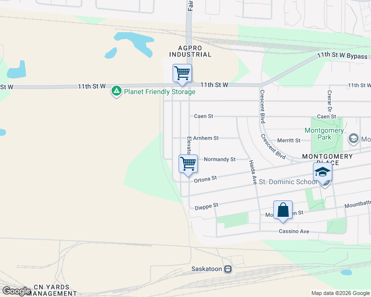 map of restaurants, bars, coffee shops, grocery stores, and more near 1310 Elevator Road in Saskatoon