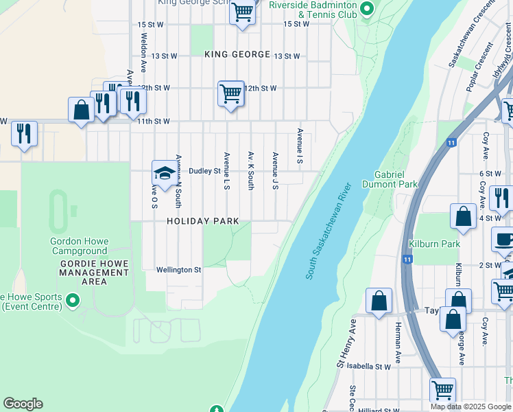 map of restaurants, bars, coffee shops, grocery stores, and more near 1236 Avenue K South in Saskatoon