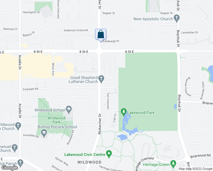 map of restaurants, bars, coffee shops, grocery stores, and more near 203 Tait Place in Saskatoon