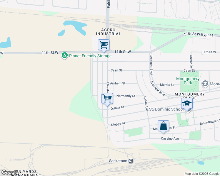 map of restaurants, bars, coffee shops, grocery stores, and more near 1310 Elevator Road in Saskatoon