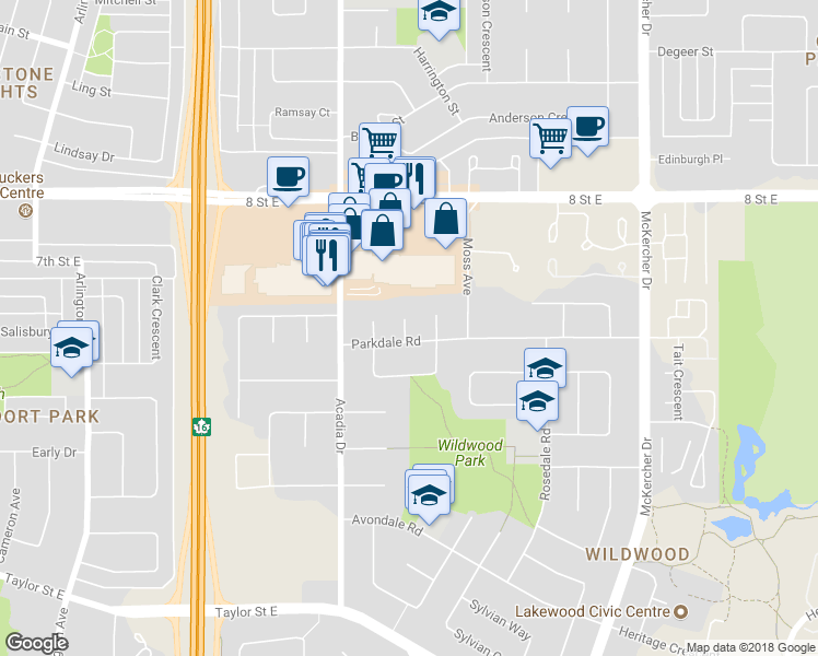 map of restaurants, bars, coffee shops, grocery stores, and more near 239 Leland Court in Saskatoon