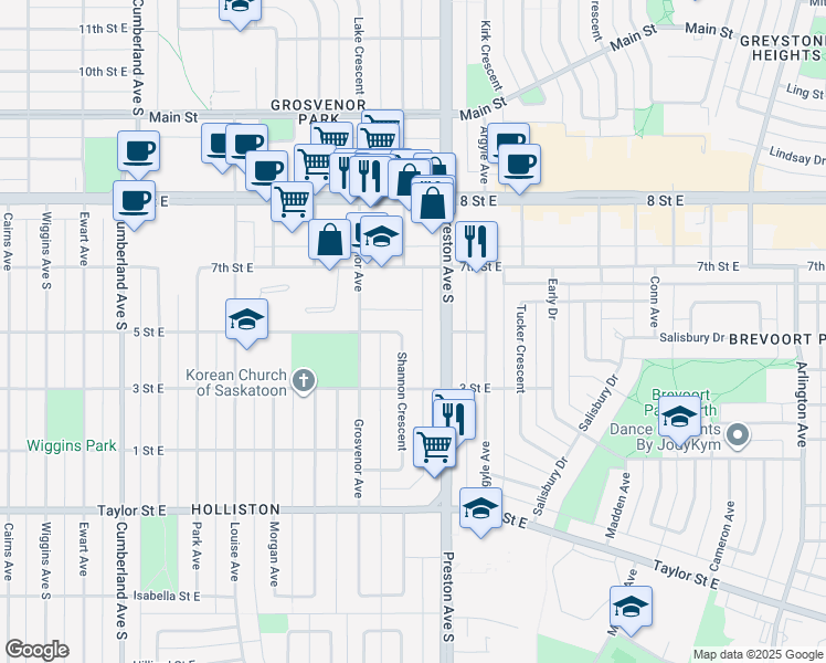 map of restaurants, bars, coffee shops, grocery stores, and more near 1515 Shannon Crescent in Saskatoon