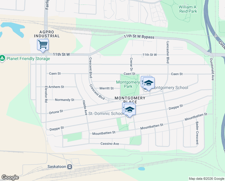 map of restaurants, bars, coffee shops, grocery stores, and more near 3329 Merritt Street in Saskatoon