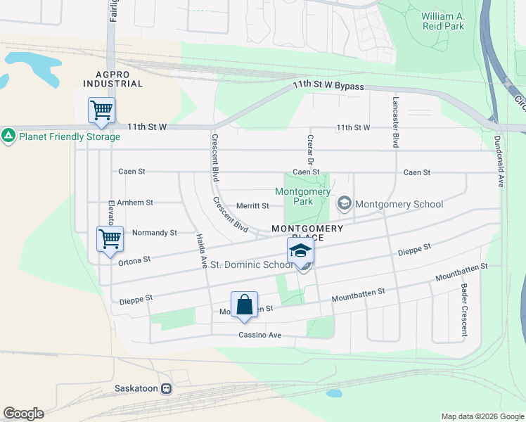 map of restaurants, bars, coffee shops, grocery stores, and more near 3329 Merritt Street in Saskatoon