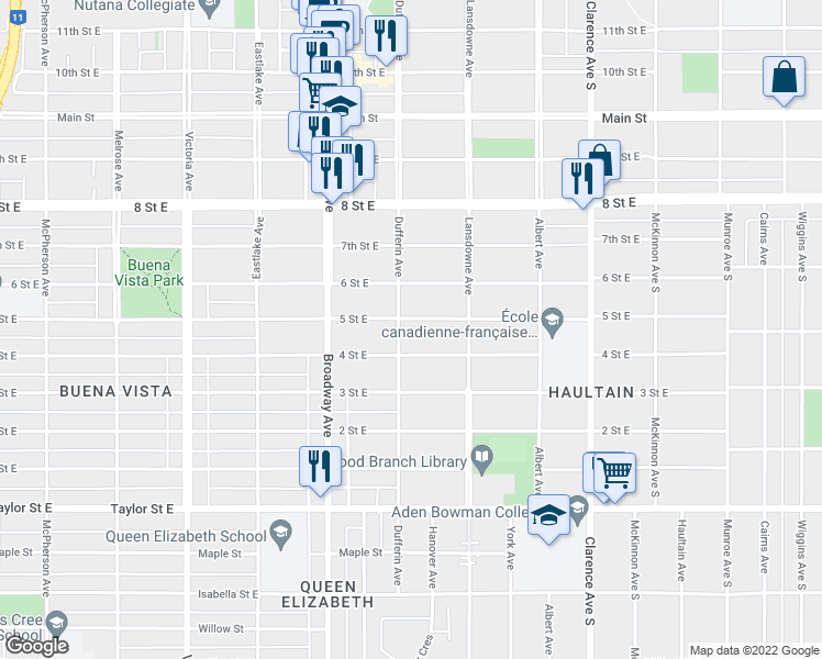 map of restaurants, bars, coffee shops, grocery stores, and more near 704 5 Street East in Saskatoon