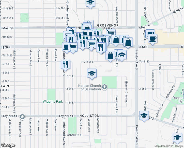 map of restaurants, bars, coffee shops, grocery stores, and more near 174 Edmund Heights in Saskatoon
