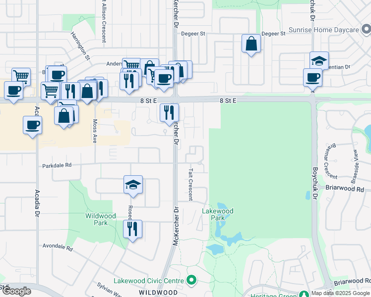 map of restaurants, bars, coffee shops, grocery stores, and more near 111 Tait Crescent in Saskatoon