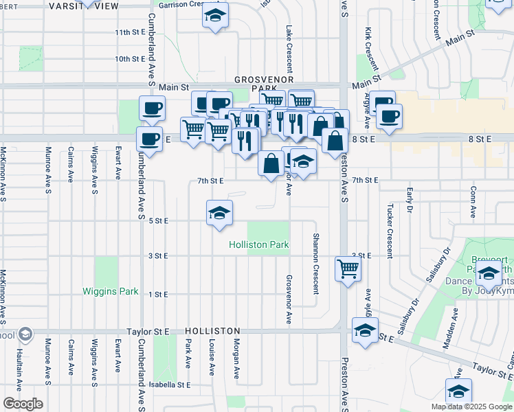 map of restaurants, bars, coffee shops, grocery stores, and more near 452 Edmund Park in Saskatoon