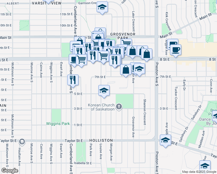 map of restaurants, bars, coffee shops, grocery stores, and more near 174 Edmund Heights in Saskatoon