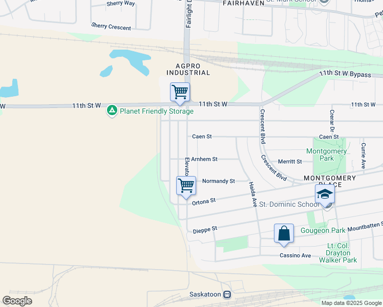 map of restaurants, bars, coffee shops, grocery stores, and more near 1230 Elevator Road in Saskatoon