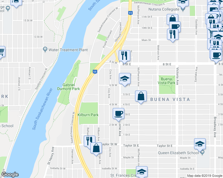 map of restaurants, bars, coffee shops, grocery stores, and more near 1307 Coy Avenue in Saskatoon