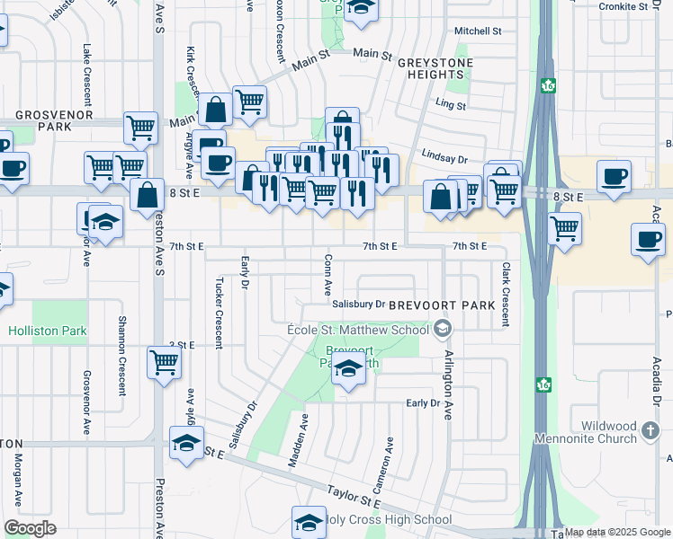map of restaurants, bars, coffee shops, grocery stores, and more near 1313 Conn Avenue in Saskatoon