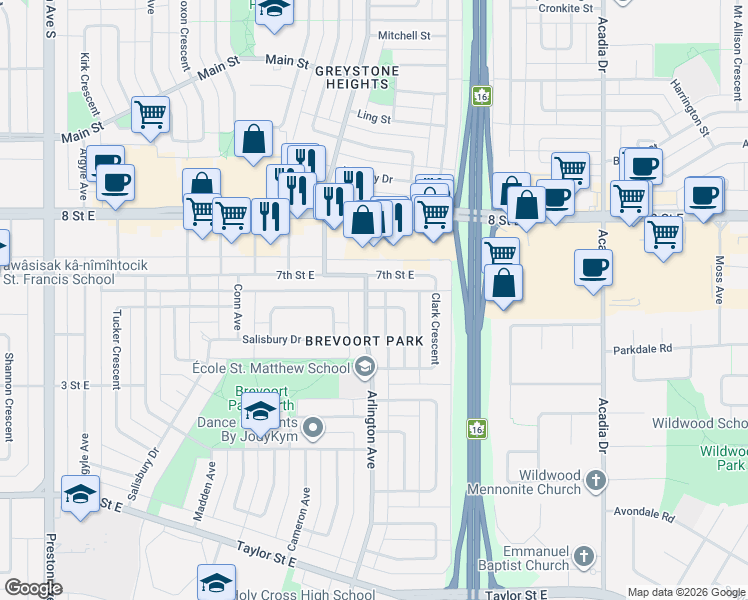 map of restaurants, bars, coffee shops, grocery stores, and more near 3014 7th Street East in Saskatoon