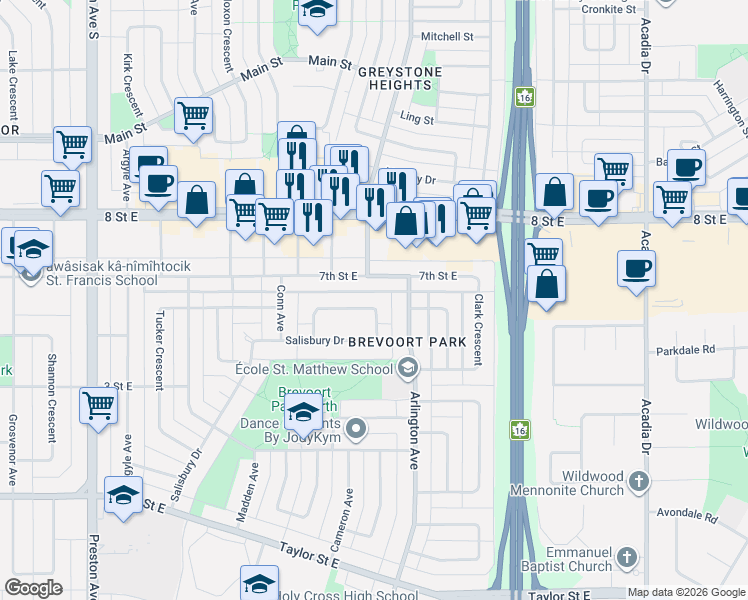 map of restaurants, bars, coffee shops, grocery stores, and more near 2924 7th Street East in Saskatoon