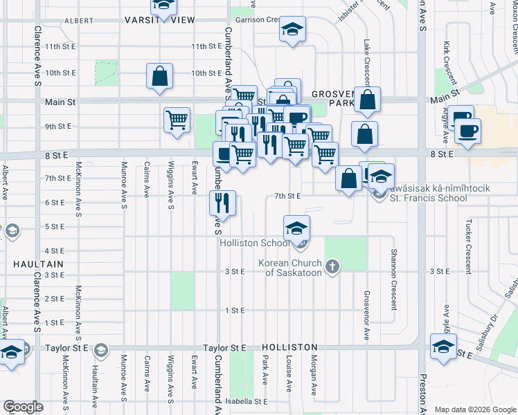 map of restaurants, bars, coffee shops, grocery stores, and more near 1310 Park Avenue in Saskatoon