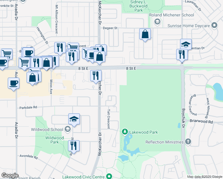 map of restaurants, bars, coffee shops, grocery stores, and more near 1121 E McKercher Drive in Saskatoon