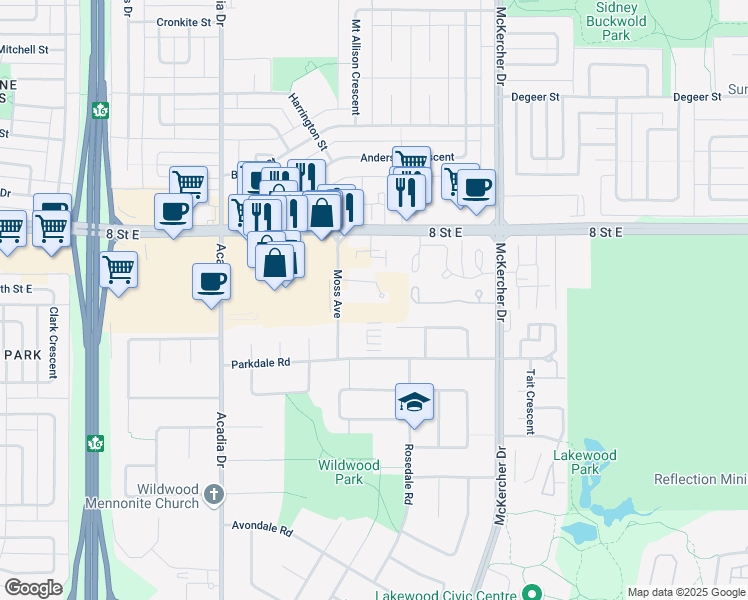 map of restaurants, bars, coffee shops, grocery stores, and more near 1123 Moss Avenue in Saskatoon