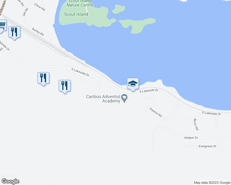 map of restaurants, bars, coffee shops, grocery stores, and more near 1327 South Lakeside Drive in Williams Lake