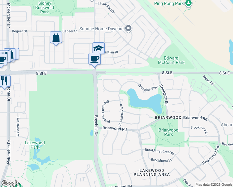 map of restaurants, bars, coffee shops, grocery stores, and more near 102 Braeburn Crescent in Saskatoon
