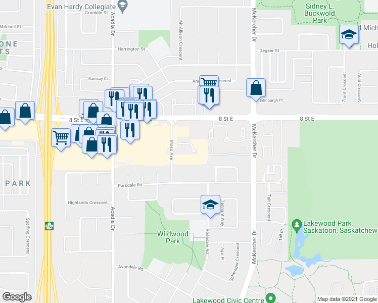 map of restaurants, bars, coffee shops, grocery stores, and more near 1123 Moss Avenue in Saskatoon
