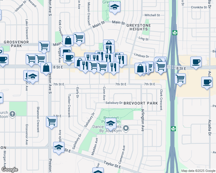 map of restaurants, bars, coffee shops, grocery stores, and more near 2716 7th Street East in Saskatoon