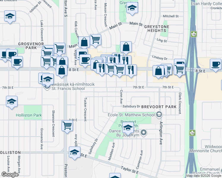 map of restaurants, bars, coffee shops, grocery stores, and more near 2618 7th Street East in Saskatoon
