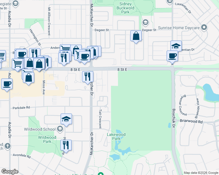 map of restaurants, bars, coffee shops, grocery stores, and more near 1121 E McKercher Drive in Saskatoon