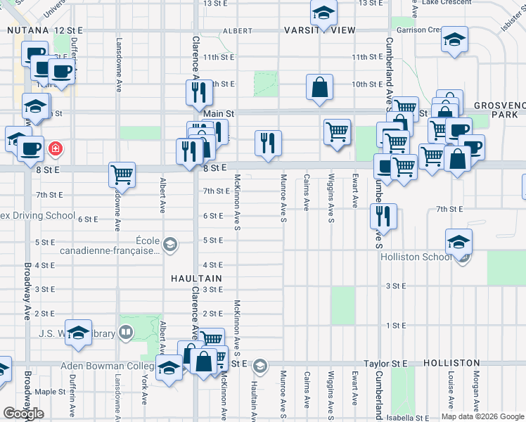 map of restaurants, bars, coffee shops, grocery stores, and more near 1119 6 Street East in Saskatoon