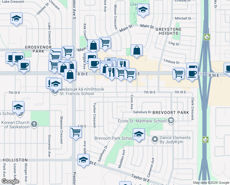 map of restaurants, bars, coffee shops, grocery stores, and more near 2524 7th Street East in Saskatoon