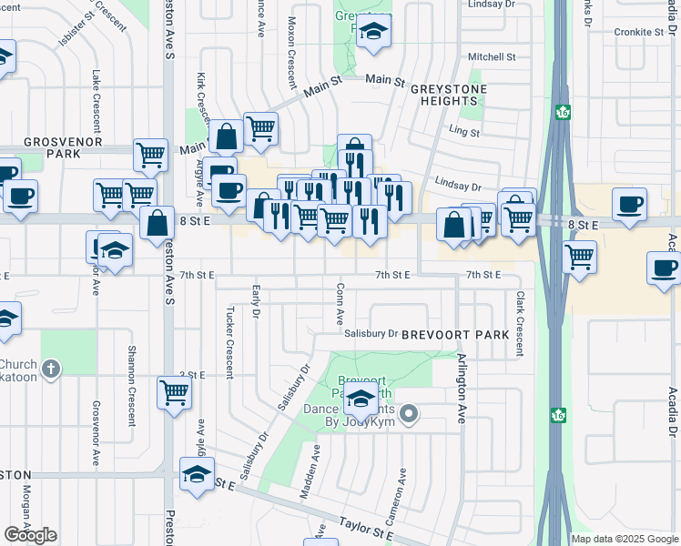 map of restaurants, bars, coffee shops, grocery stores, and more near 2716 7th Street East in Saskatoon