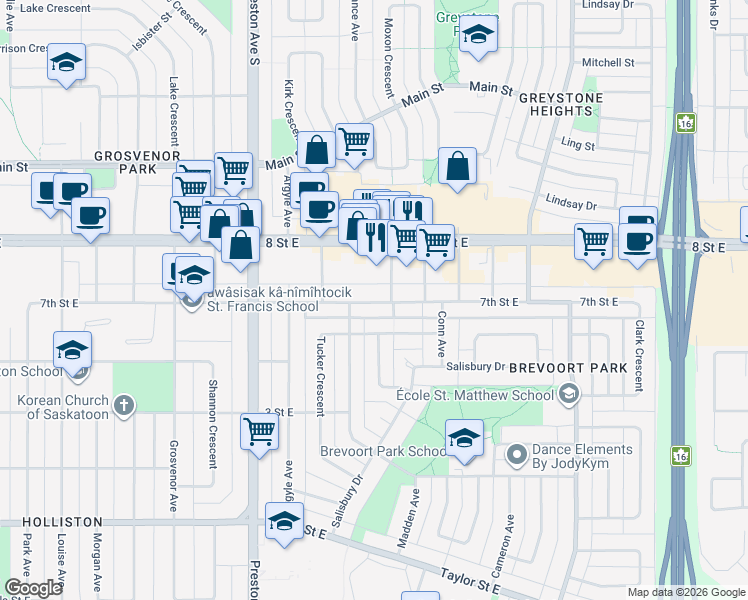 map of restaurants, bars, coffee shops, grocery stores, and more near 2524 7th Street East in Saskatoon