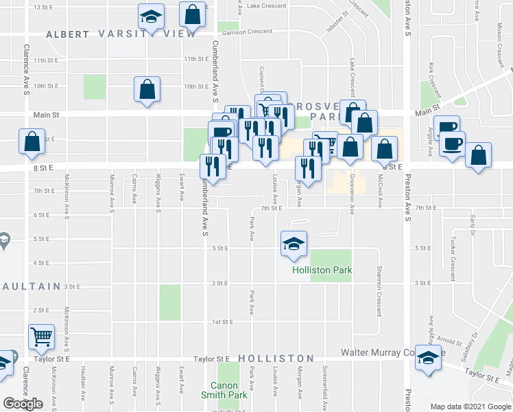 map of restaurants, bars, coffee shops, grocery stores, and more near 1301 Park Avenue in Saskatoon