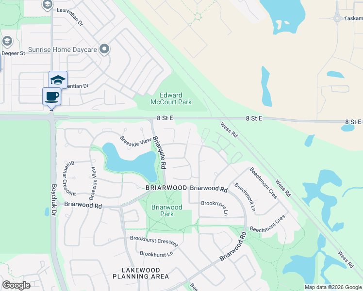 map of restaurants, bars, coffee shops, grocery stores, and more near 411 Bayview Crescent in Saskatoon