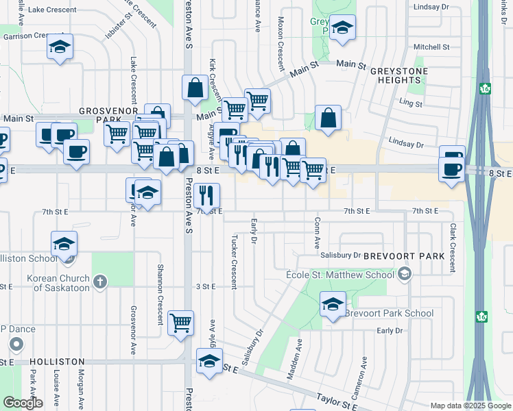 map of restaurants, bars, coffee shops, grocery stores, and more near 2501 7th Street East in Saskatoon