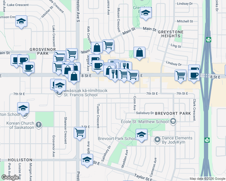 map of restaurants, bars, coffee shops, grocery stores, and more near 2513 7th Street East in Saskatoon