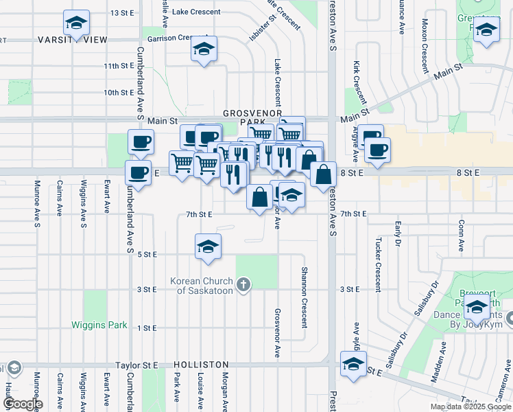 map of restaurants, bars, coffee shops, grocery stores, and more near 1901 7th Street East in Saskatoon