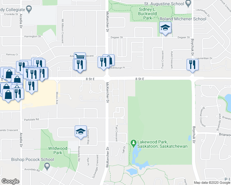 map of restaurants, bars, coffee shops, grocery stores, and more near 1315 12th Street east in Saskatoon