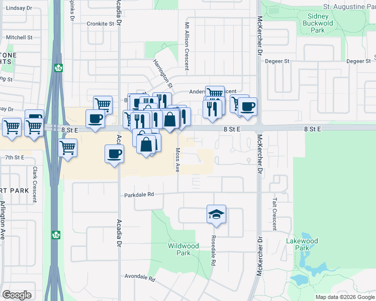 map of restaurants, bars, coffee shops, grocery stores, and more near 1035 Moss Avenue in Saskatoon