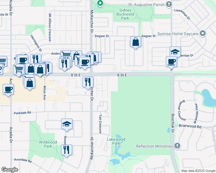 map of restaurants, bars, coffee shops, grocery stores, and more near 1121 E McKercher Drive in Saskatoon